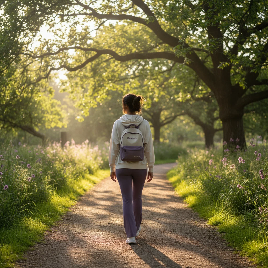 Anonieme persoon van achteren lopend door een zonnig park, actieve leefstijl