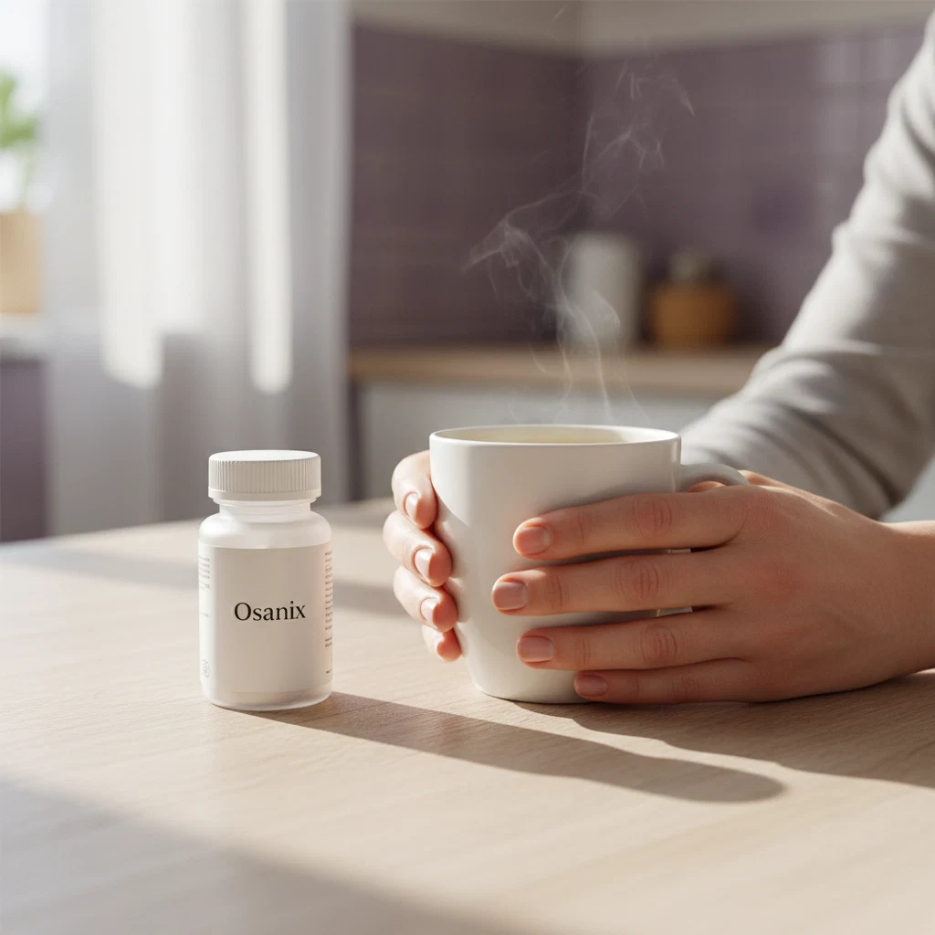 Handen met een witte mok kruidenthee naast een supplement flesje op een houten tafel in ochtendlicht